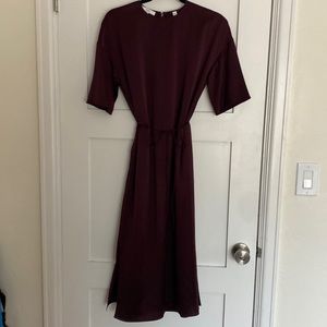 Burgundy silk dress.